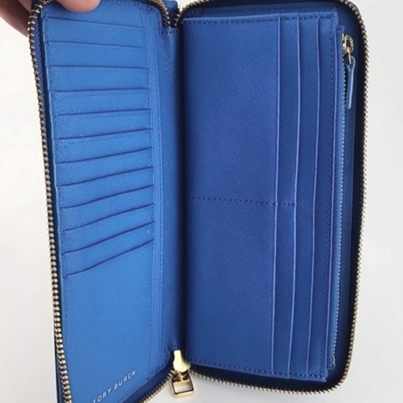 Tory Burch Wallet Wristlet Robinson Continental Leather Royal Blue Zip Around - Picture 8 of 14
